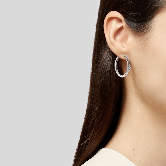 Judith Ripka JR TWO Sterling Silver 18K Gold Diamond Floral Hoop Earrings - Picture 10 of 10